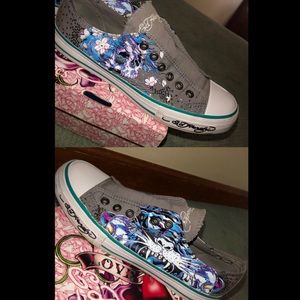 Ed Hardy slip on shoes skull & tiger w rhinestones